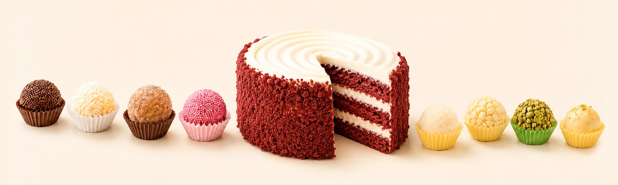 Bolo red velvet ao centro com 8 brigadeiros artesanais ao lado